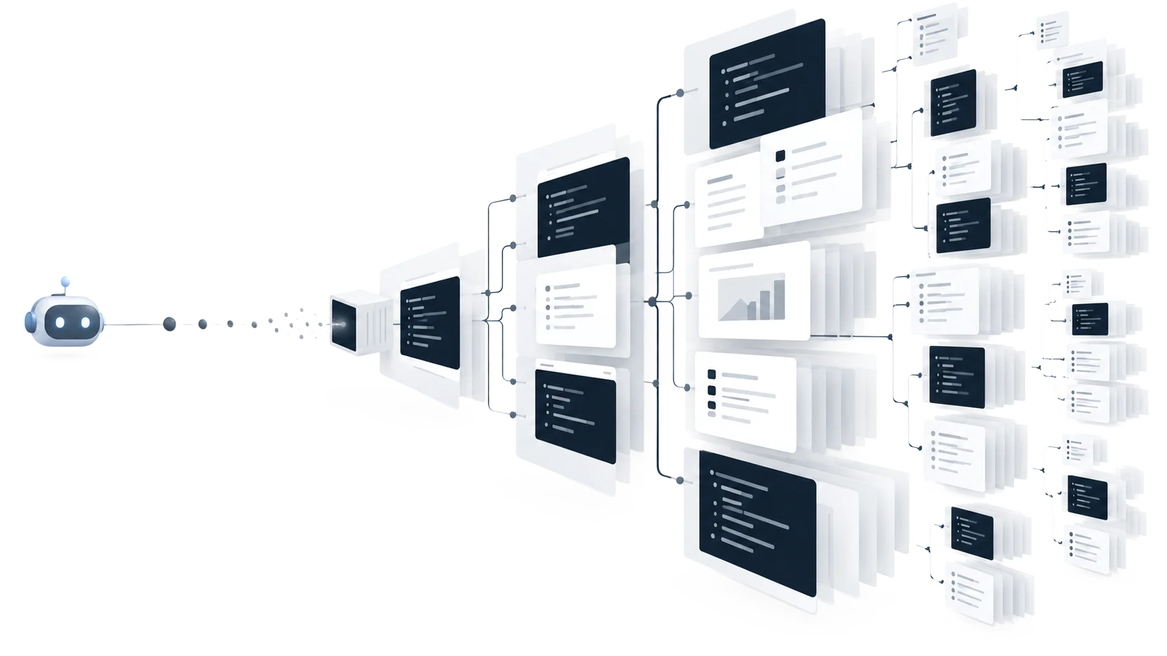 A small AI agent sends one tool call into a vast branching tree of nested records, and its tokens scatter and burn out before reaching the data
